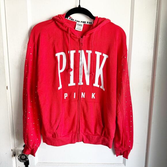Victoria’s Secret PINK Rhinestone Bling Full Zip Hoodie Logo SPELLOUT Jacket XS - Picture 1 of 12